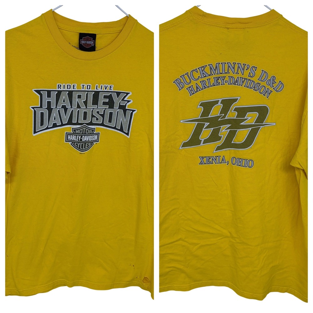 Yellow Harley Davidson Motorcycles T Shirt XL Mens Xenia Ohio Distressed Biker
